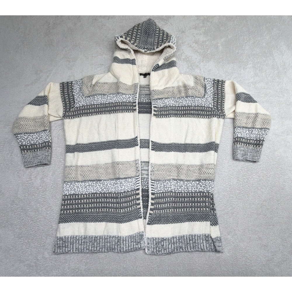 Lety & Me Womens Size 1X Cream And Grey Stripped Knit Cardigan Warm Cozy Hooded